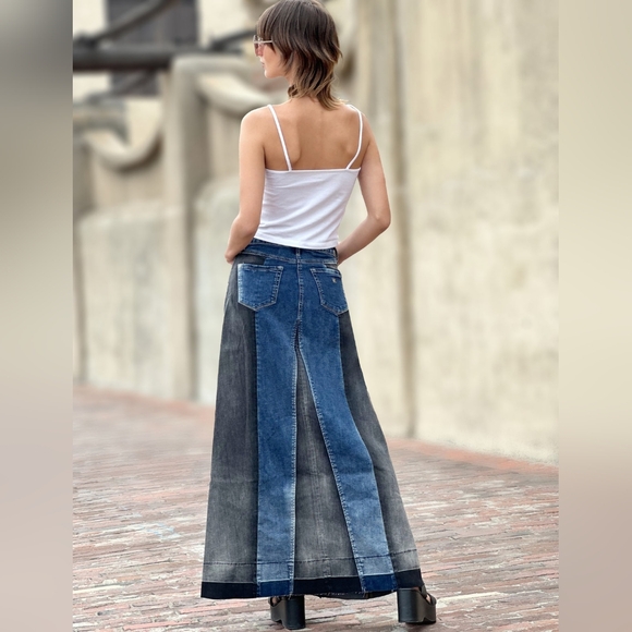 Wash Lab Denim Mixed Denim Maxi Skirt - Picture 3 of 14